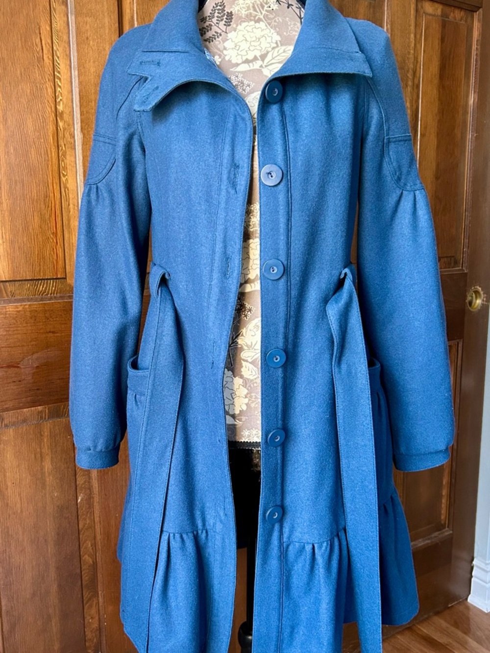 Nine West Blue Wool Blend Coat with Belt and Ruffle Hem - Picture 4 of 9